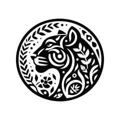 Panther in folk art black and white silhouette illustration