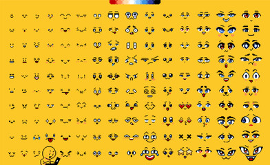 Pixel art faces. Retro 8-bit faces, kawaii emotions, uwu face and pixelated anime eyes vector set