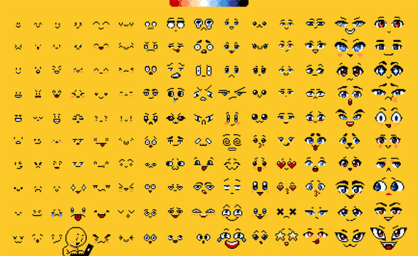 Pixel art faces. Retro 8-bit faces, kawaii emotions, uwu face and pixelated anime eyes vector set
