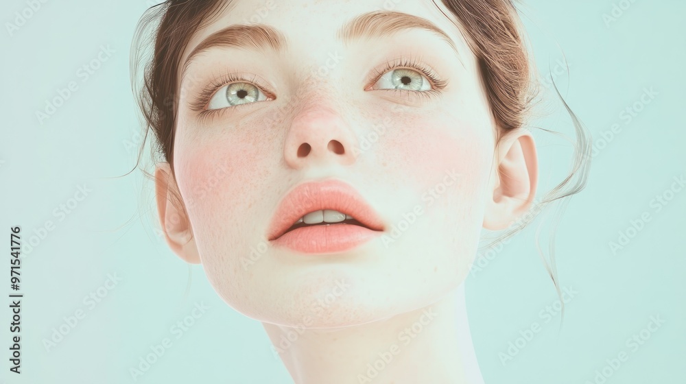 Sticker Close-up Portrait of a Young Woman with Freckles, Looking Upward