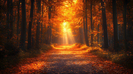 A sunlit path through an autumnal forest, with golden leaves and a magical glow.