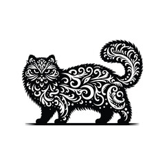 Fototapeta premium Persian cat in folk art black and white silhouette illustration