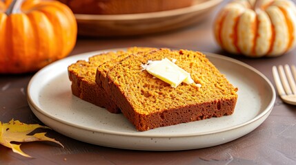 Freshly baked slices of pumpkin bread topped with butter on a plate, surrounded by fall decor, perfect for autumn flavors.
