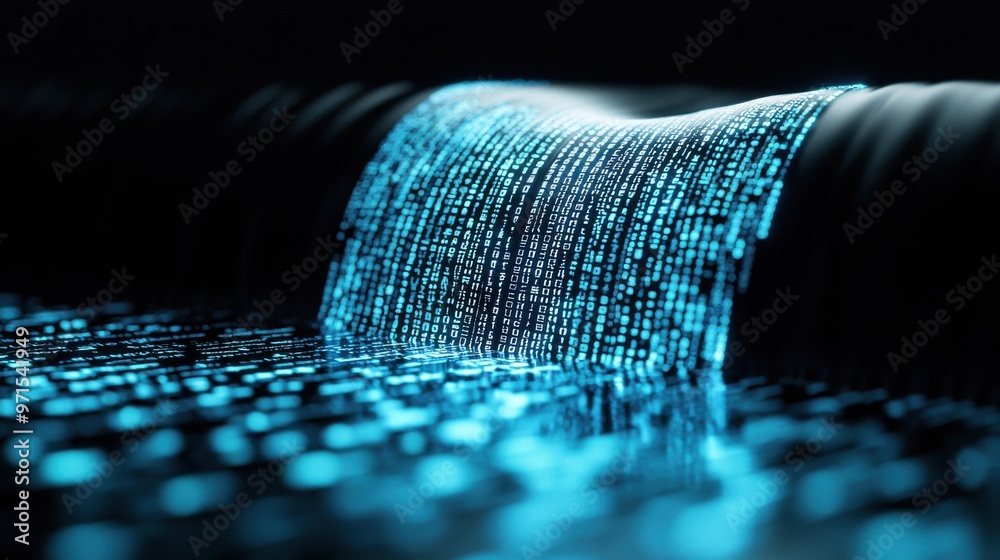 Poster a waterfall made of digital symbols and numbers flowing into a vast pool of data, the flow of inform