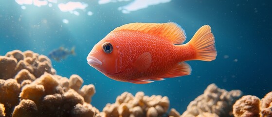 Fototapeta premium A tight shot of a fish swimming in an aquarium, surrounded by corals in the foreground, and a blue sky depicted behind