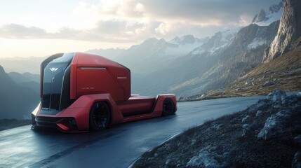 Naklejka premium A futuristic red semi-truck driving on a winding road through a mountain pass.