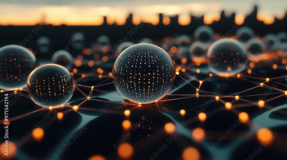 Poster a web of interconnected glowing lines connecting multiple spheres, each sphere representing differen