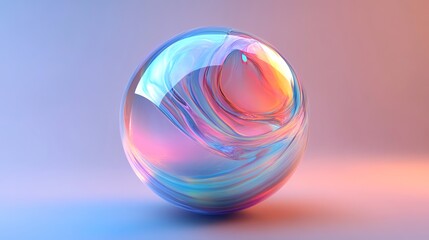 Obraz premium A colorful, iridescent sphere with a swirling pattern rests on a pastel background.