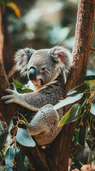 Fototapeta premium A koala sitting in eucalyptus tree, lazily munching on leaves
