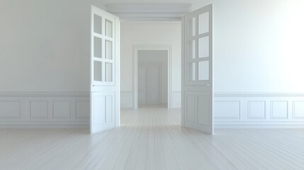 Fototapeta premium Empty room, large door opening, white interior, generative ai