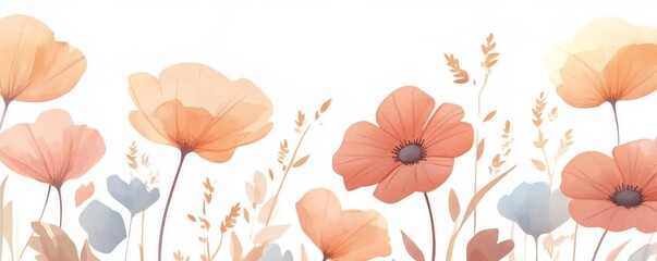 Watercolor Floral Illustration with Delicate Poppies on White Background, Watercolor, Floral, Illustration, Poppy
