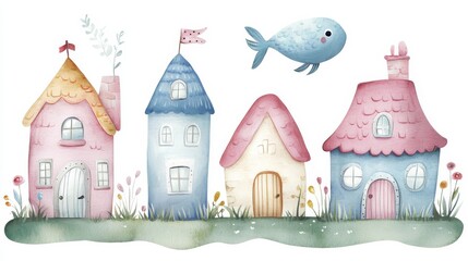 Watercolor Illustration of a Charming Row of Houses with a Flying Fish, Cottagecore, Watercolor, Illustration, Home ,cottagecore, illustration