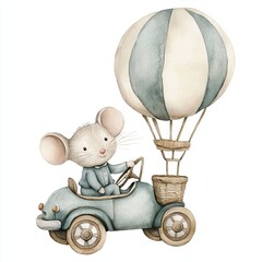 Watercolor Illustration of a Mouse Driving a Vintage Car with a Hot Air Balloon, Watercolor, Mouse, Car, Hot Air Balloon, Vintage, Watercolor Illustration