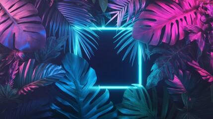Vibrant Neon Frame Among Tropical Leaves