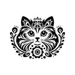 Fototapeta premium Ragdoll cat in folk art black and white silhouette illustration