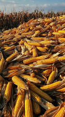 Freshly harvested corn cobs create vibrant, golden landscape in field
