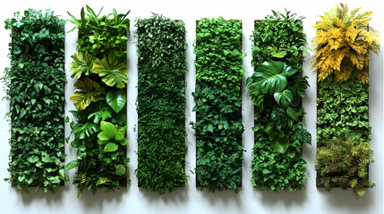 A vertical garden display featuring various lush green plants and foliage.