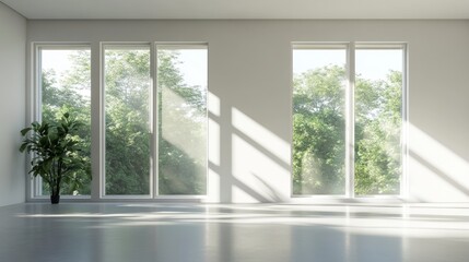 Fototapeta premium Empty room, large windows, white walls, generative ai