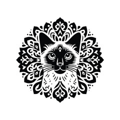 Fototapeta premium Siamese Cat in folk art black and white silhouette illustration