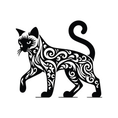 Obraz premium Siamese Cat in folk art black and white silhouette illustration