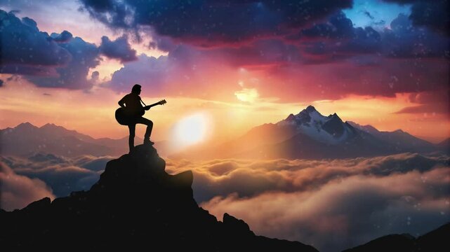 black silhouette of a person playing guitar on a mountain with a background of mountains and clouds