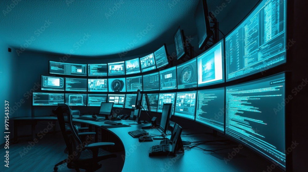 Poster a workstation with multiple layers of transparent screens stacked in a spiral, productivity and mult