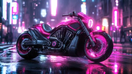 A pink motorcycle parked on a wet city street at night with neon lights reflecting in the puddles.