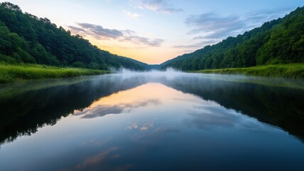 Serene landscape showing a tranquil river reflecting greens and blues, with a mist hovering over the water at sunrise.