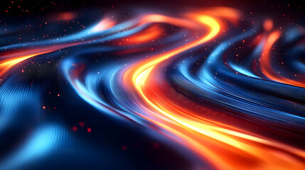 A vibrant abstract representation of flowing waves in blue and orange hues.
