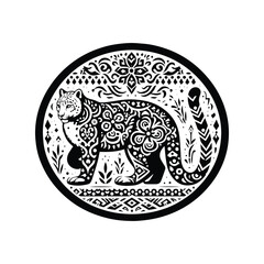 Snow leopard in bohemian black and white silhouette illustration
