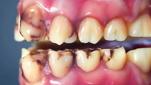 Frontal teeth with tooth decay, Tooth decay, broken teeth, oral health Poor dental health. Oral health problems	