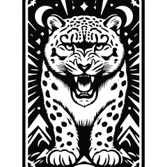 Fototapeta premium Snow leopard in Tarot card black and white silhouette illustration