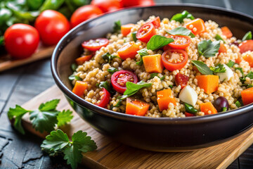 Colorful quinoa salad with mixed vegetables and herbs in a ceramic bowl