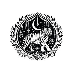 Fototapeta premium Tiger in bohemian black and white silhouette illustration