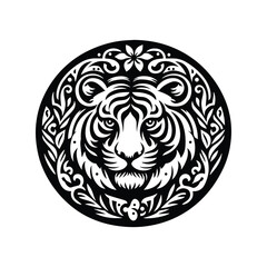 Tiger in folk art black and white silhouette illustration