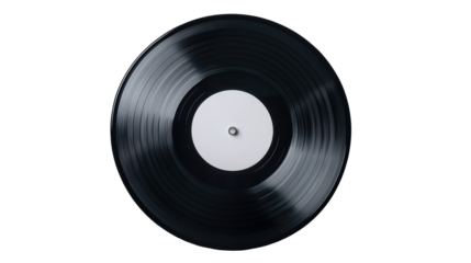 Close up of black vinyl record showing grooves and white center label in detailed view. Isolated on transparent background, png.