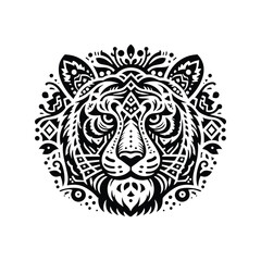 Obraz premium Tiger in folk art black and white silhouette illustration