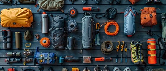 Flat lay of diverse camping equipment on a dark wooden surface, tailored for travelers assembling
