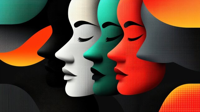 Abstract faces made of a mosaic of colors and geometric shapes, blending together yet remaining distinct, symbolizing workforce diversity and inclusion