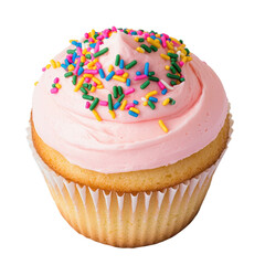 Vanilla cupcake topped with pink icing and colorful sprinkles, featuring a soft and fluffy texture with vibrant decoration. Isolated on transparent background, png.