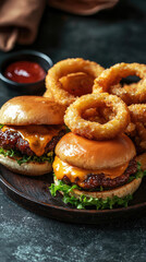 Delicious sliders with melted cheese and crispy onion rings create tempting meal