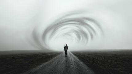 Action Conquers Fear: A person walking through a fog of swirling shadows and fears, but as they walk, the path behind them clears, representing how action helps overcome fear