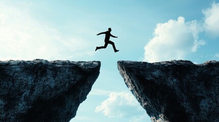 Action Beats Readiness: A figure jumping over a gap between two cliffs without a bridge, symbolizing taking action even without feeling fully ready