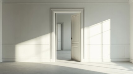 Empty room, open doorway, white walls, generative ai