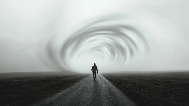 Action Conquers Fear: A person walking through a fog of swirling shadows and fears, but as they walk, the path behind them clears, representing how action helps overcome fear