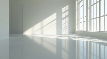 Obraz premium Empty room, reflective white floor, white walls, generative ai