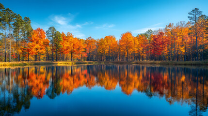 Obraz premium Vibrant autumn foliage reflected in a calm lake, creating a picturesque scene.