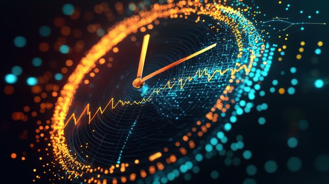 An abstract clock with hands turning into graphs and metrics, representing time as a critical factor in performance measurement and improvement