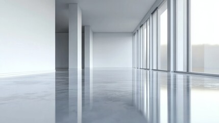Obraz premium Empty room, reflective white floor, white walls generative ai