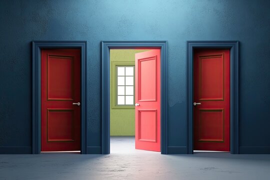A corridor featuring three distinct doors in a vibrant blue room with one red door slightly ajar leading to a green space 
